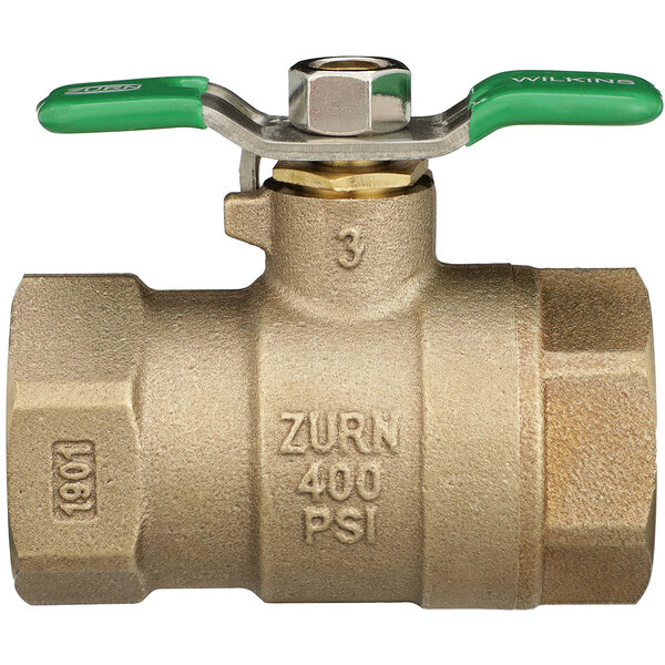A Zurn 3/4" bronze ball valve with a green handle.