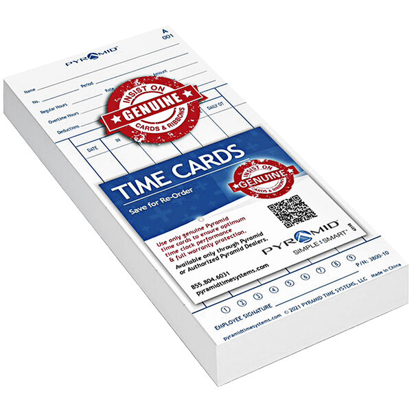A pack of 100 white rectangular time cards with red and blue labels.