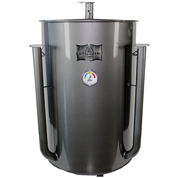 A large grey metal Gateway Drum Smoker with a silver handle.