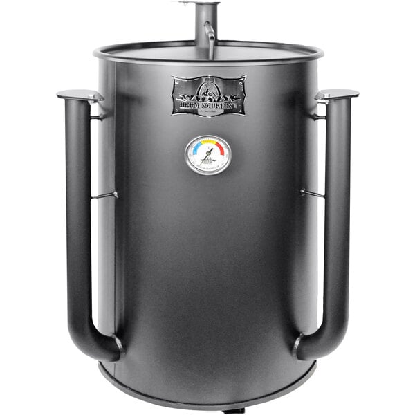 A black metal Gateway Drum Smoker barrel with handles and a lid.