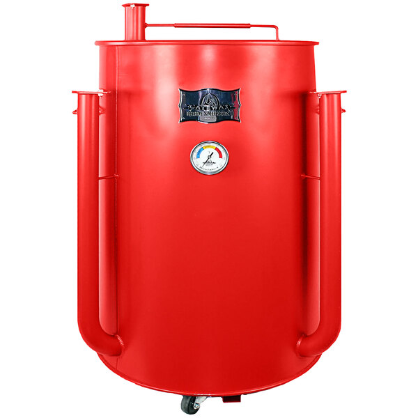 A matte red Gateway Drum smoker with black handles and a red door.