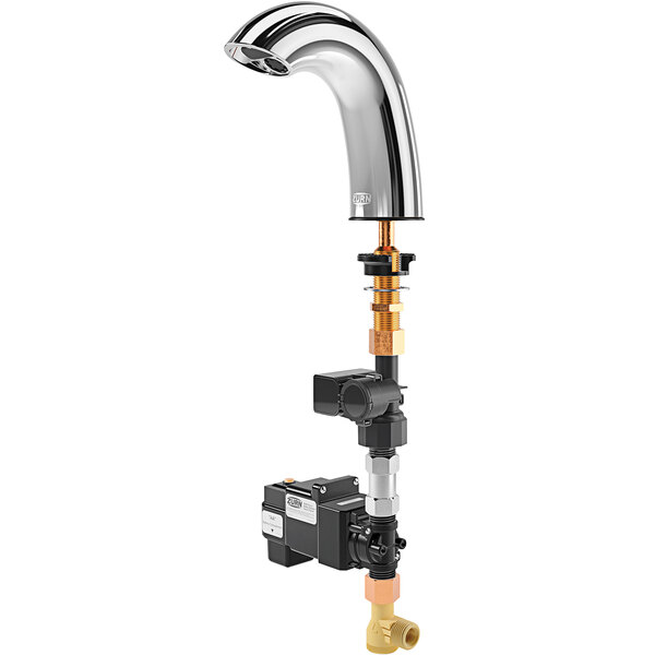 A Zurn chrome deck mount electronic faucet with black and gold hoses.