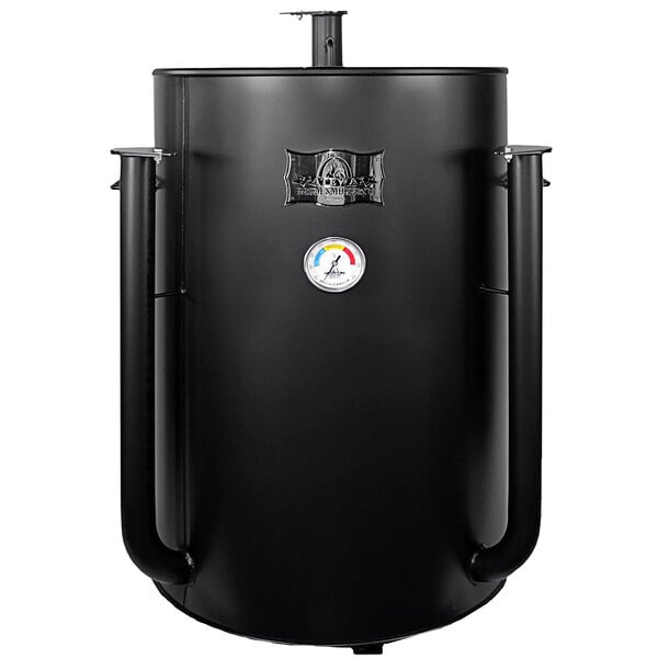 A matte black Gateway Drum smoker with a gauge and a handle.