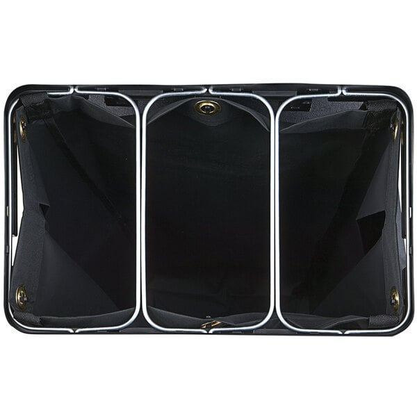 A black Rubbermaid wire bag divider with silver edges.