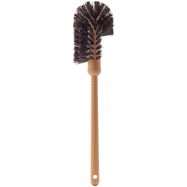 A close up of a Rubbermaid brown toilet bowl brush with a wooden handle.