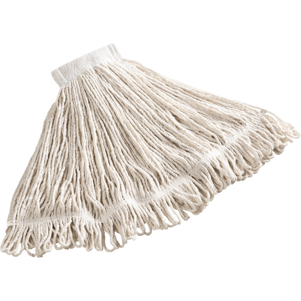 A white Rubbermaid wet mop with a looped end.