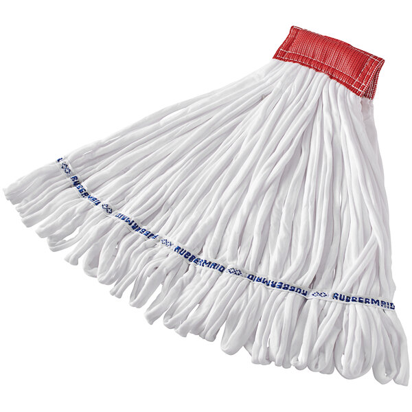 A white Rubbermaid wet mop head with a blue trim.
