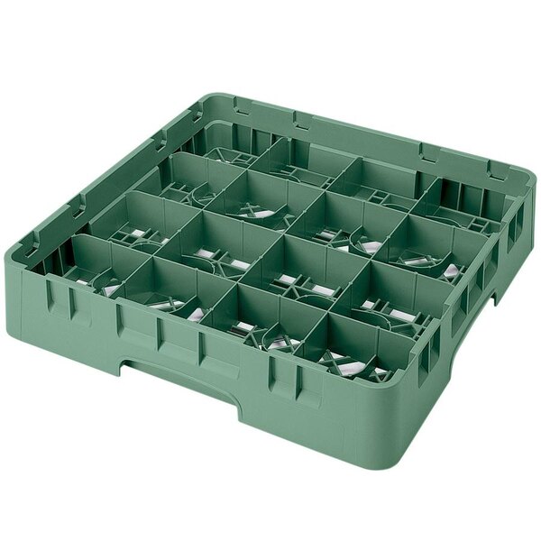 A green plastic Cambro glass rack with 16 compartments and 6 extenders.