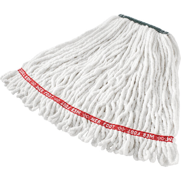 A white Rubbermaid Web Foot wet mop with a red stripe.
