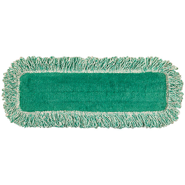 A green and white Rubbermaid microfiber dust pad with hook and loop.