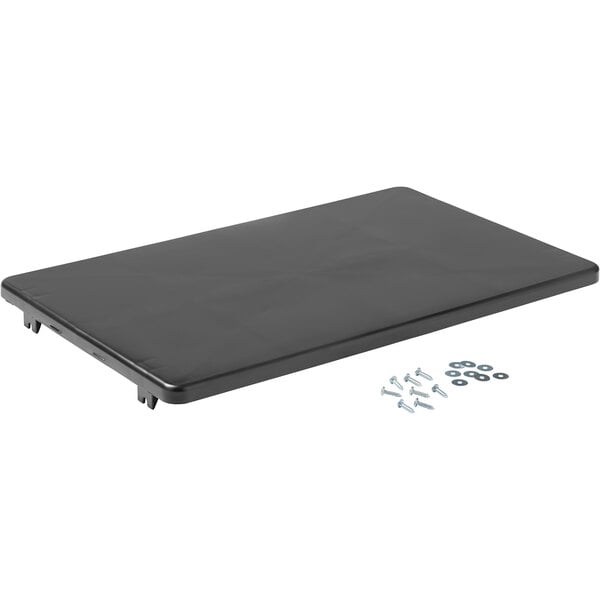 A black rectangular Rubbermaid shelf with screws and bolts.
