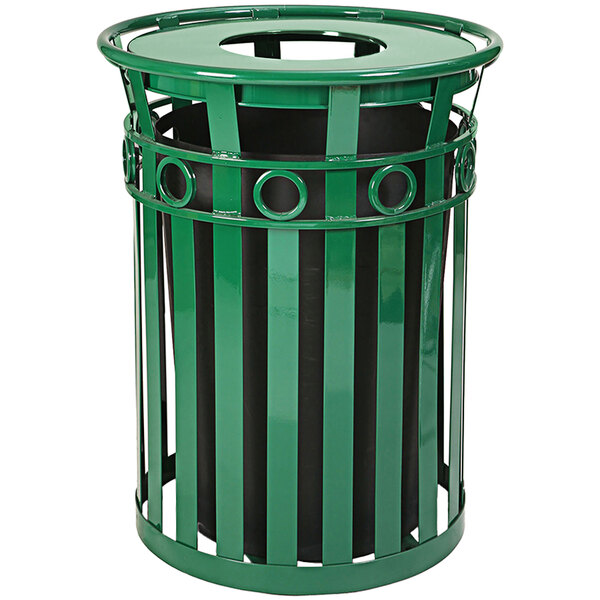 A green steel Witt Industries outdoor trash can with black stripes on the lid.
