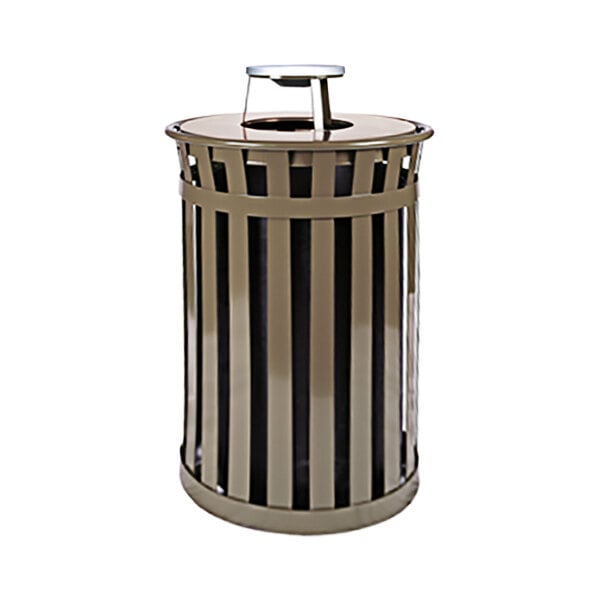 A brown steel round Witt Industries Oakley waste receptacle with an ash top lid.