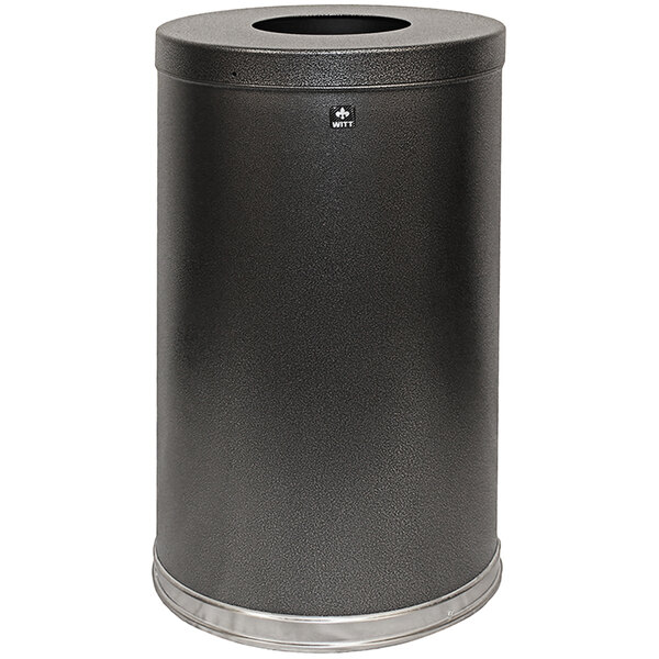 A silver vein steel Witt Industries decorative waste receptacle with a flat top.