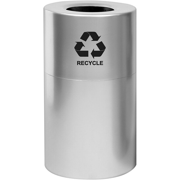 A Witt Industries 35 gallon aluminum satin clear finish round indoor recycling receptacle with a recycle symbol.