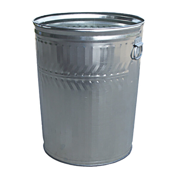 A silver metal Witt Industries 32 gallon trash can with a lid.
