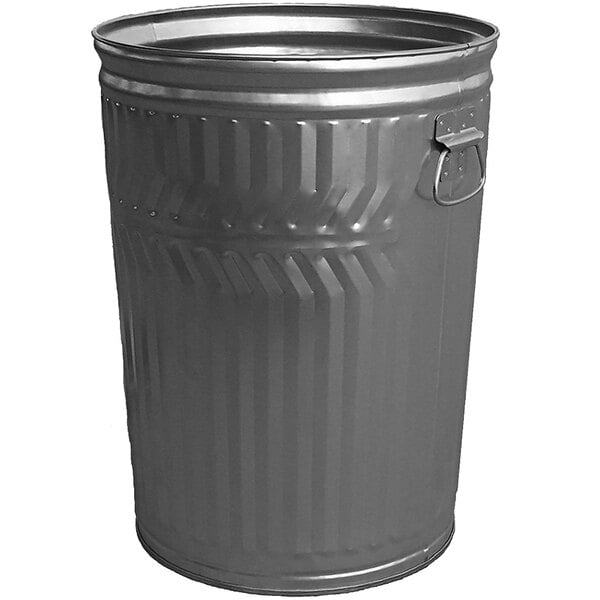 A silver metal Witt Industries outdoor trash can with a lid.
