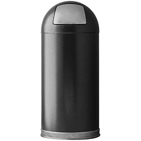 A black and silver Witt Industries decorative trash can with a lid.