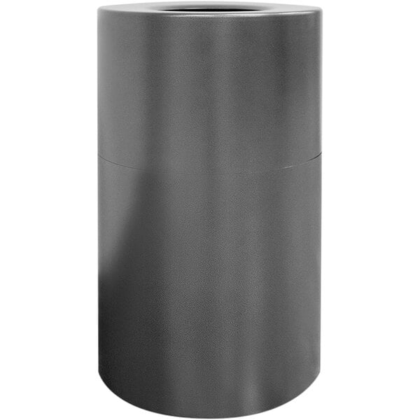A silver vein cylindrical waste receptacle with a lid.