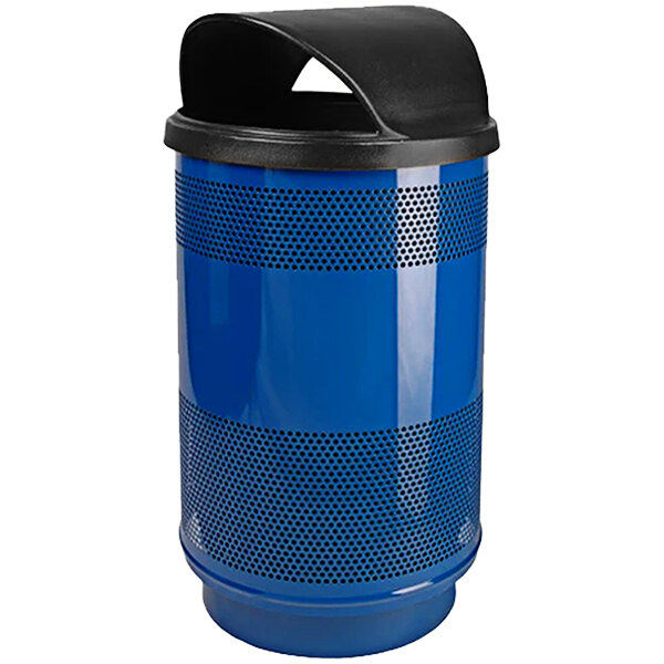A blue Witt Industries 55 gallon outdoor waste receptacle with a black hood top lid.