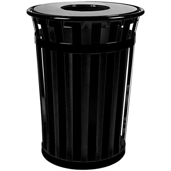 A black metal Witt Industries Oakley outdoor trash can with a flat lid.