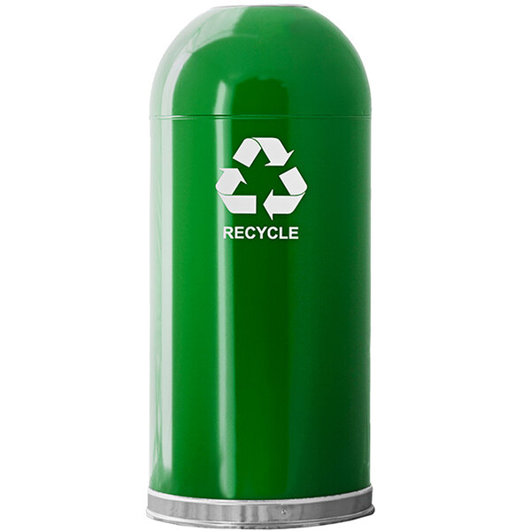 A green Witt Industries steel recycling receptacle with white recycle symbol on it.