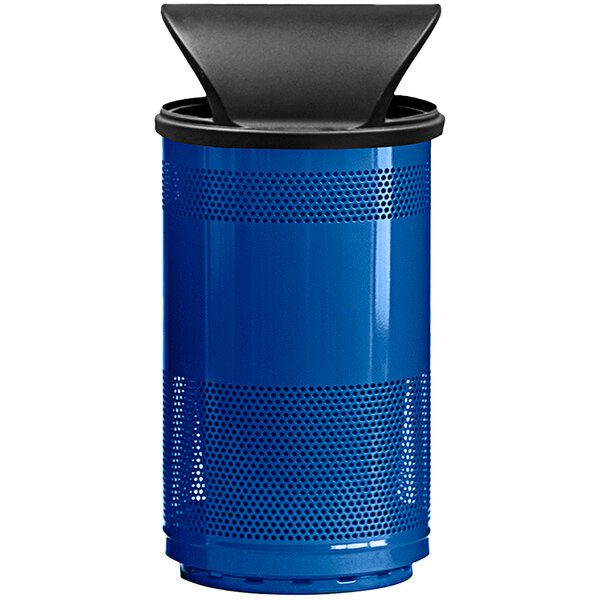 A blue Witt Industries outdoor waste receptacle with a black dome top lid.