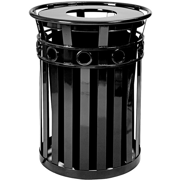 A black metal Witt Industries Oakley outdoor trash can with a flat top lid.