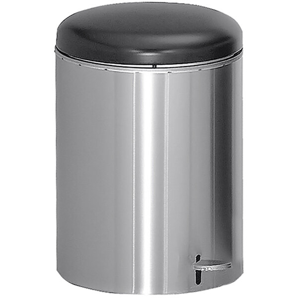 A silver trash can with a black lid, the Witt Industries 2240SS stainless steel medical step can.
