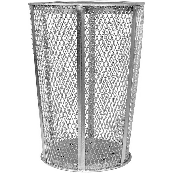 A silver metal Witt Industries outdoor trash can with a mesh top.