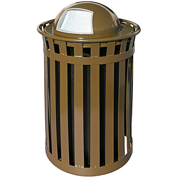 A brown metal round outdoor trash can with a dome top lid.