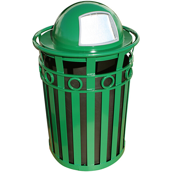 A green steel outdoor waste receptacle with a dome top lid and ring accent.