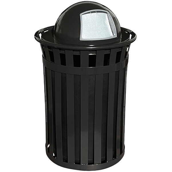 A black steel Witt Industries Oakley waste receptacle with a round dome top lid.
