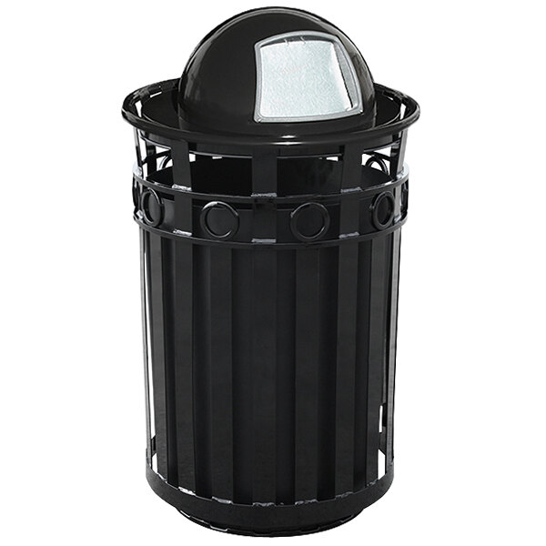 A Witt Industries Oakley black steel round outdoor trash can with a dome top lid and ring accent band.