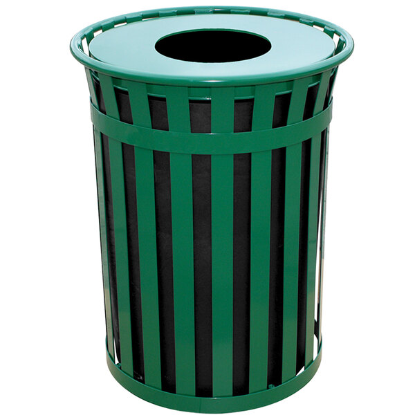 A green Witt Industries Oakley steel trash can with a black flat top lid.