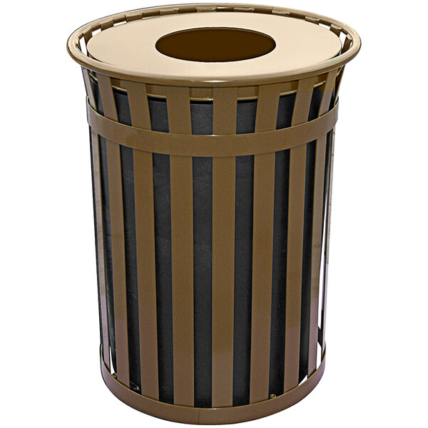 A brown Witt Industries steel decorative waste receptacle with a flat top lid.