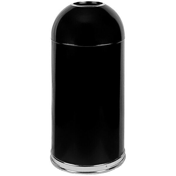 A black cylindrical trash can with a silver rimmed lid.