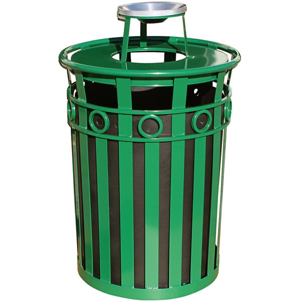 A green Witt Industries steel waste receptacle with a black ash top lid and ring accent band.