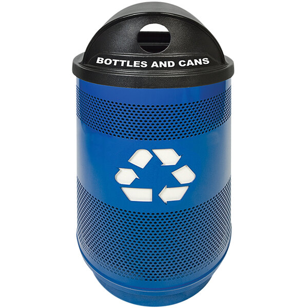 A blue Witt Industries outdoor recycling bin with a 2-hole top and a recycle symbol.