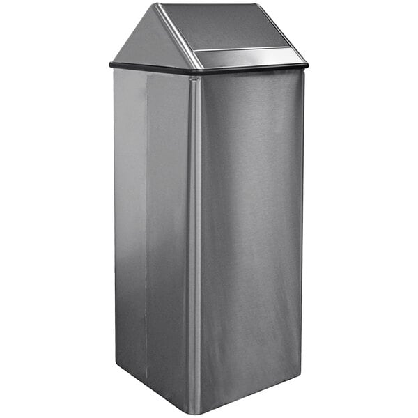 A silver rectangular stainless steel trash can with a swing top lid.