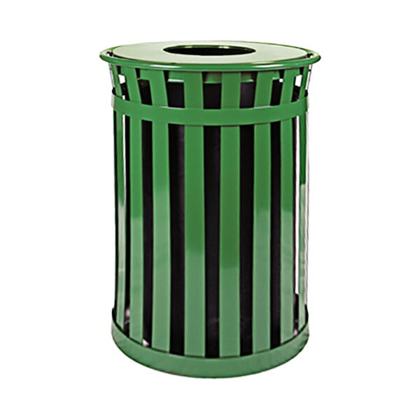 A green metal Witt Industries outdoor waste receptacle with a flat top lid.