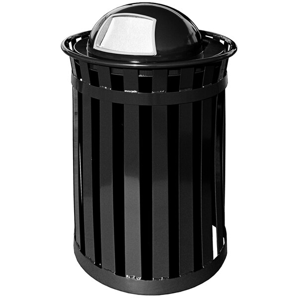 A black metal Witt Industries Oakley outdoor trash can with a dome top lid.