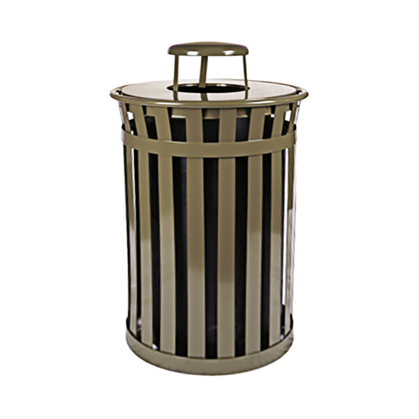 A brown steel Witt Industries Oakley outdoor trash can with a metal rain cap lid.