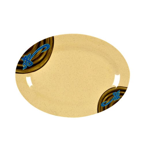 A beige oval Thunder Group melamine platter with a brown design on it.