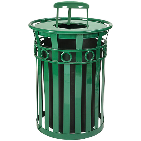 A green metal Witt Industries Oakley outdoor trash can with a rain cap lid.