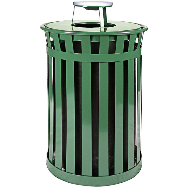 A green metal Witt Industries Oakley waste receptacle with an ash top lid.