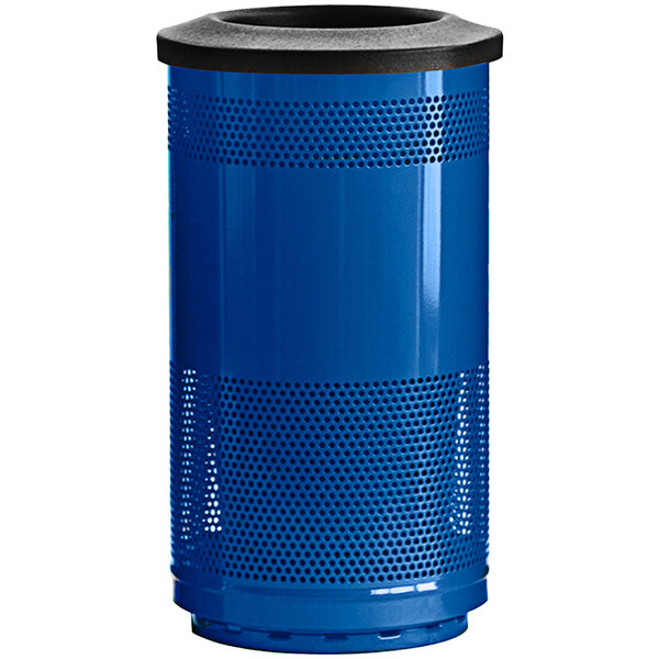 A blue metal Witt Industries outdoor recycling receptacle with a flat top lid with holes.