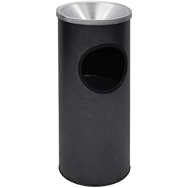 A black and silver Witt Industries decorative ash and waste receptacle with a hole in the top.