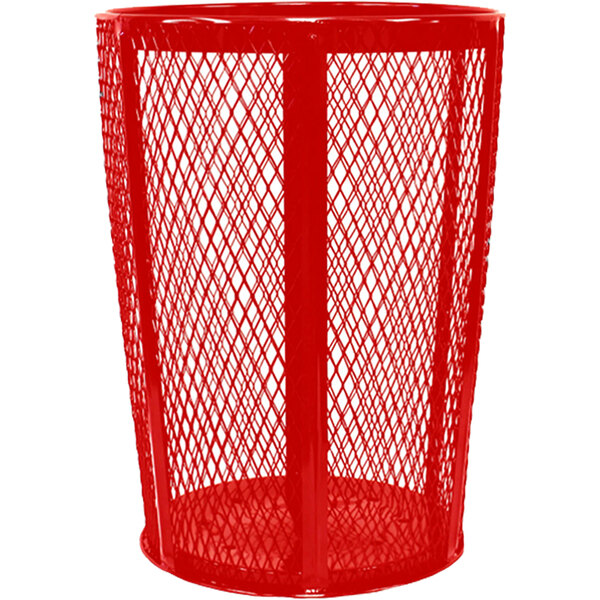 A red steel mesh round outdoor trash receptacle.