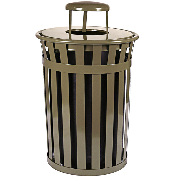 A close-up of a brown Witt Industries outdoor decorative trash can with a black rain cap lid.